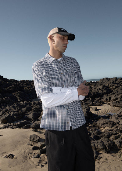 AFENDS Mens Noah - Short Sleeve Shirt - Blue Check