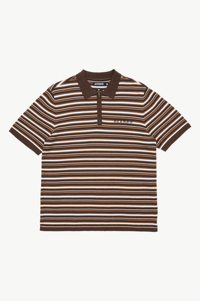 AFENDS Mens Cora - Knit Polo Shirt - Coffee Stripe
