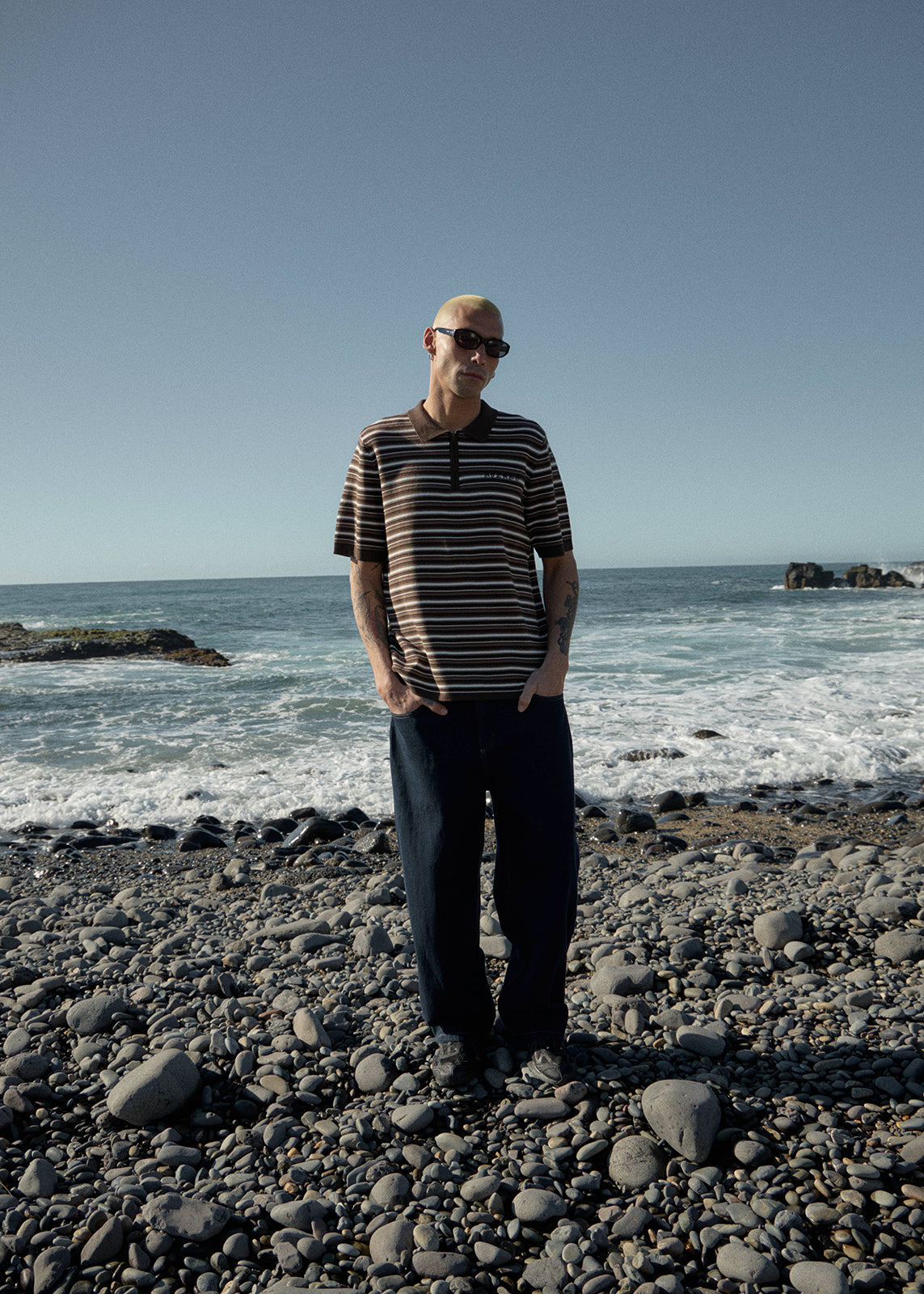 AFENDS Mens Cora - Knit Polo Shirt - Coffee Stripe