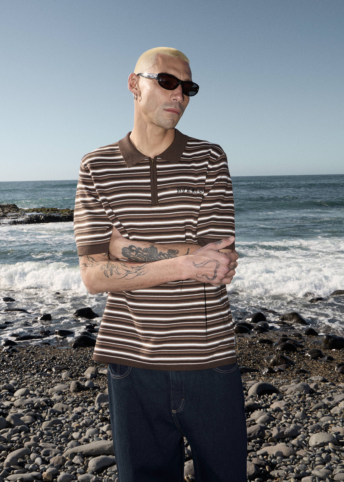 AFENDS Mens Cora - Knit Polo Shirt - Coffee Stripe