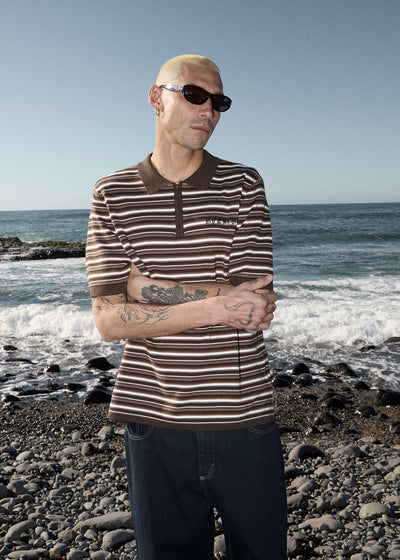 AFENDS Mens Cora - Knit Polo Shirt - Coffee Stripe