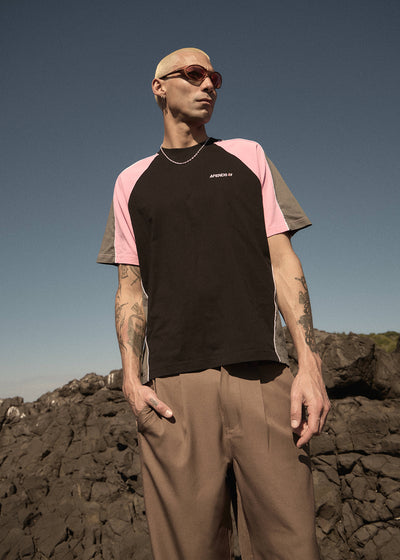 AFENDS Mens Tallows - Panelled Raglan Tee - Black / Pink
