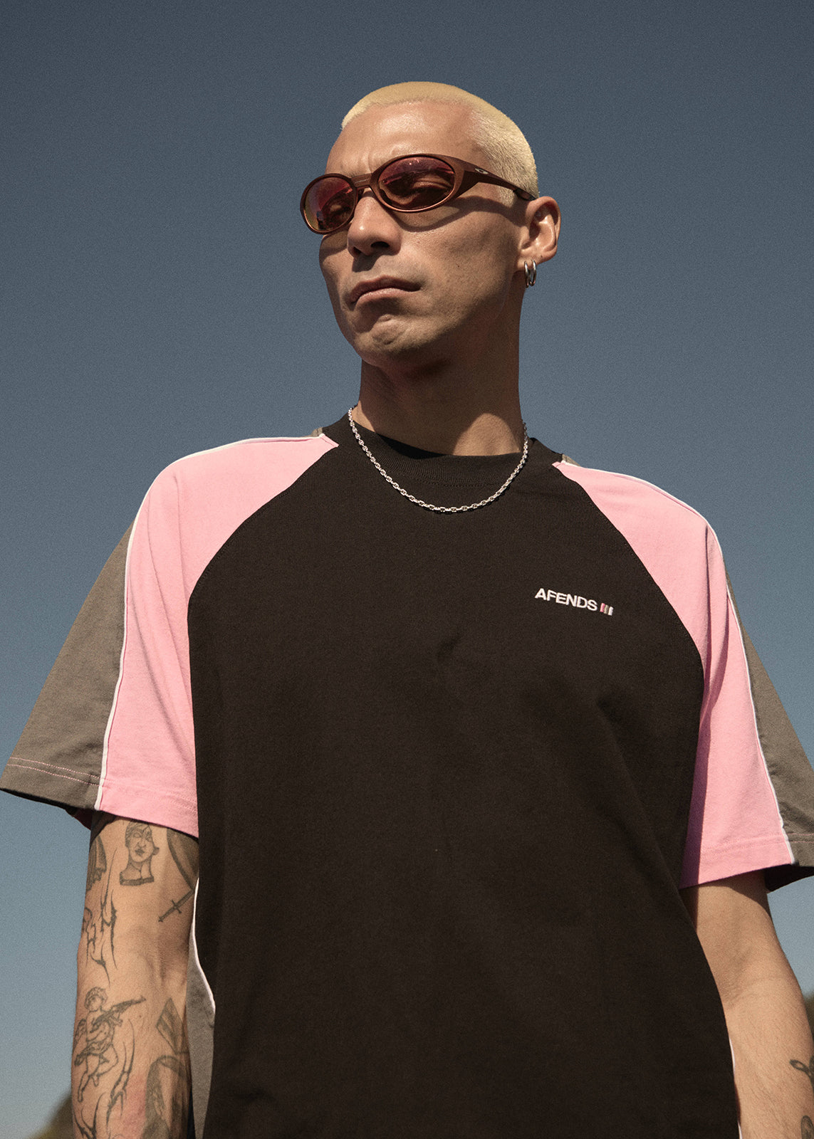 AFENDS Mens Tallows - Panelled Raglan Tee - Black / Pink