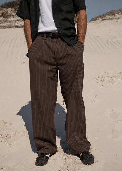 AFENDS Business - Pleated Pants - Coffee Stripe