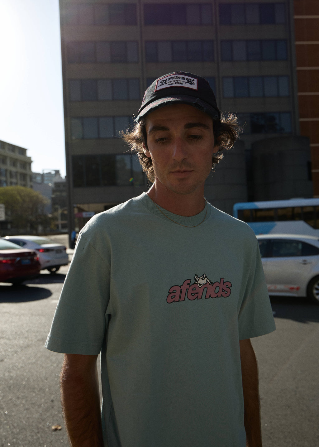 AFENDS Mens Angel Boy - Retro Tee - Washed Overcast