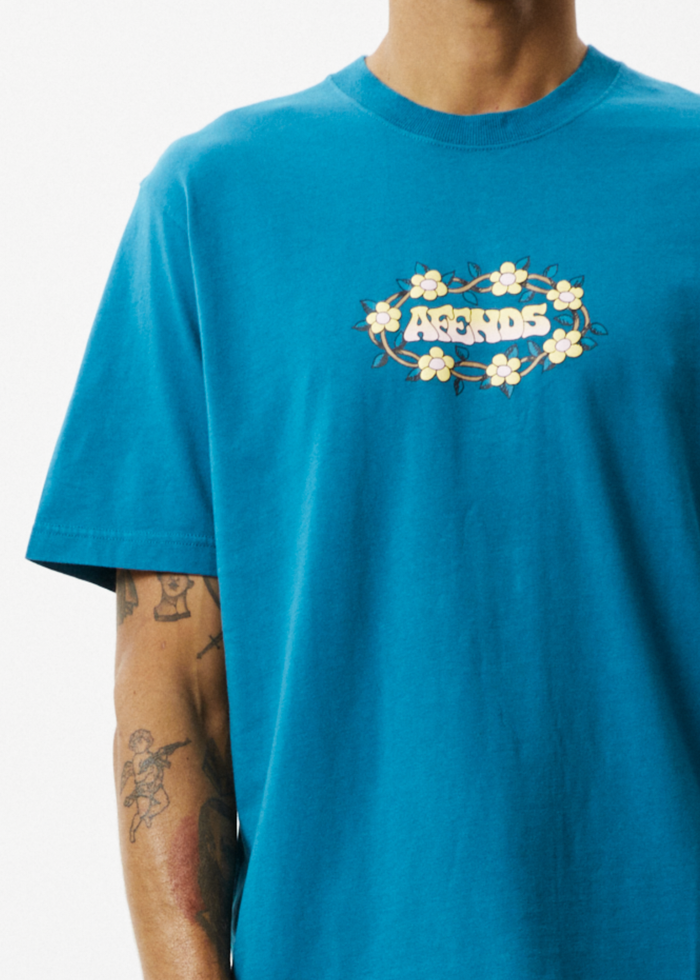Afends Mens Bloom - Recycled Retro Graphic Logo T-Shirt - Azure 