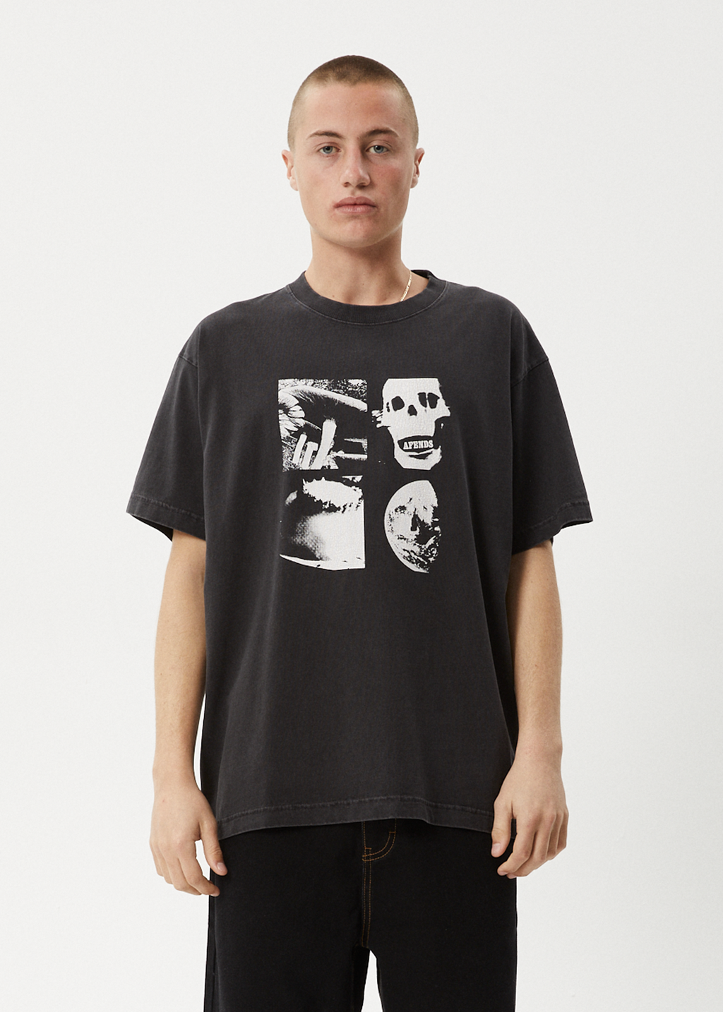 AFENDS Mens New And Clear - Heavyweight Boxy Tee - Stone Black