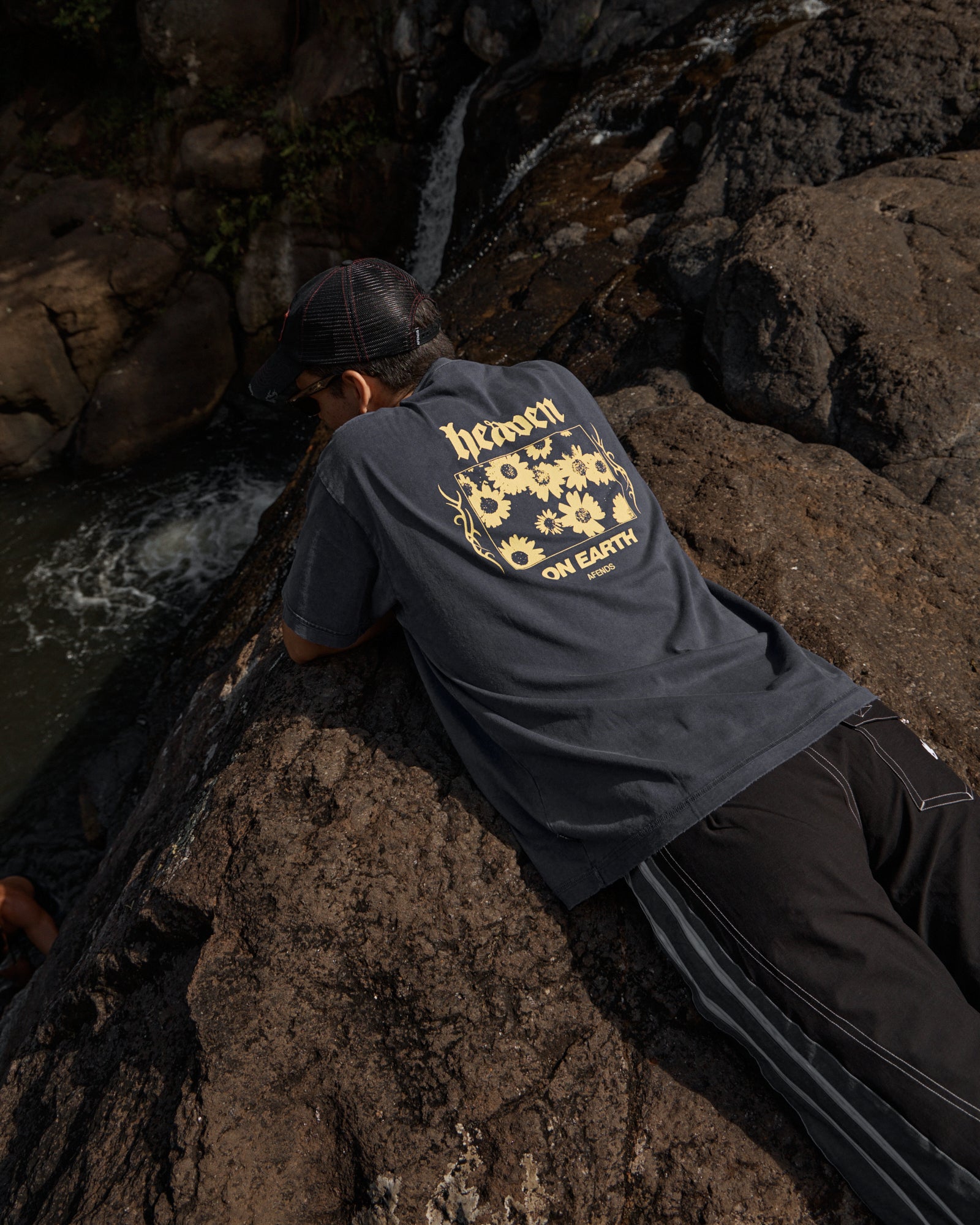 AFENDS Mens Heaven - Recycled Heavyweight Boxy Fit Tee - Washed Deep Sea