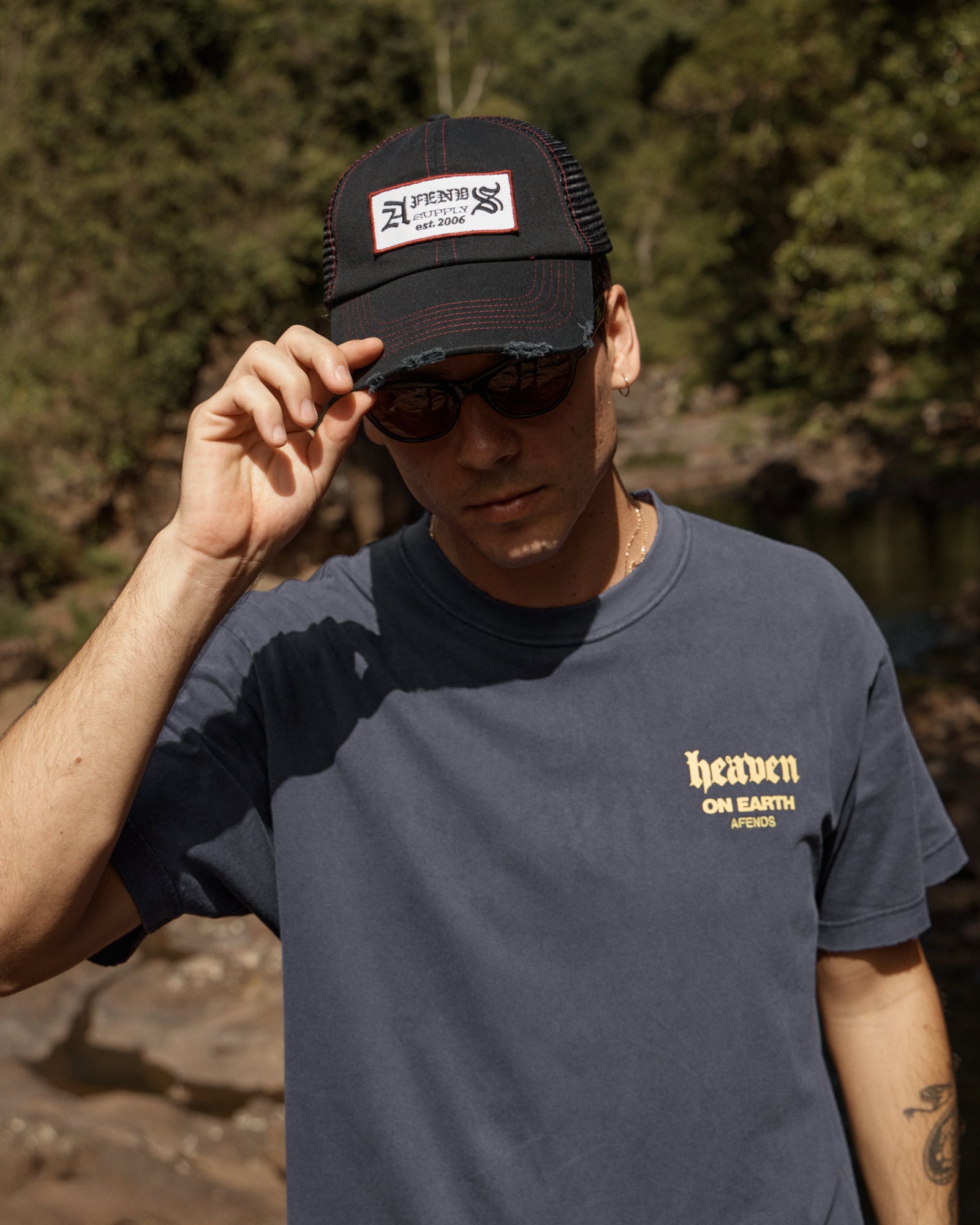 AFENDS Mens Heaven - Recycled Heavyweight Boxy Fit Tee - Washed Deep Sea