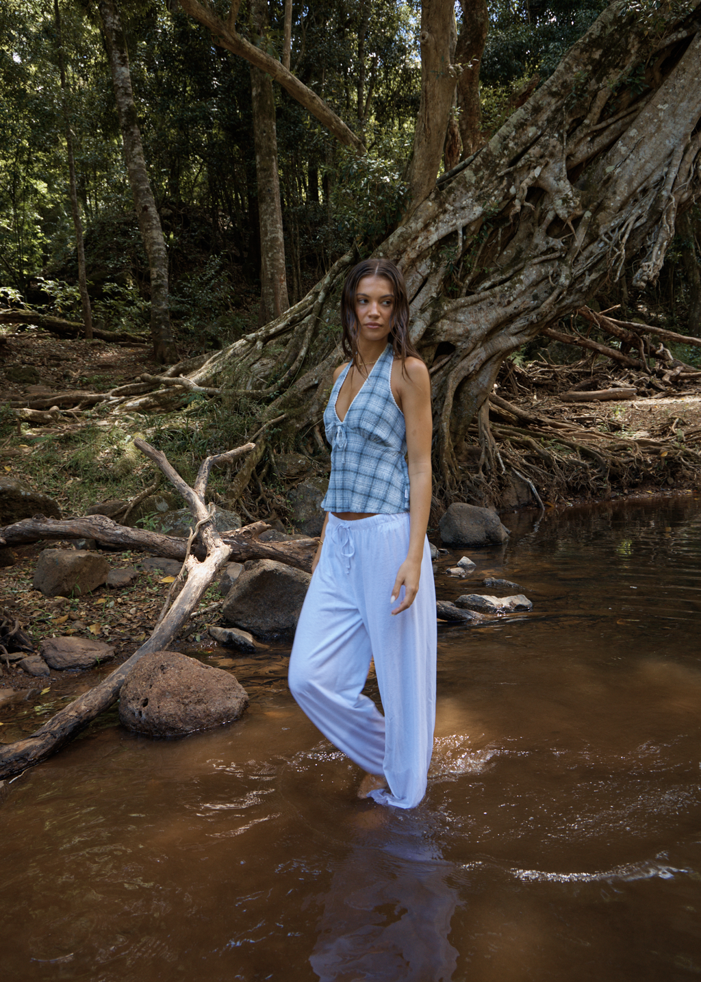 AFENDS Womens Lagoon - Seersucker Halter Top - Overcast Check