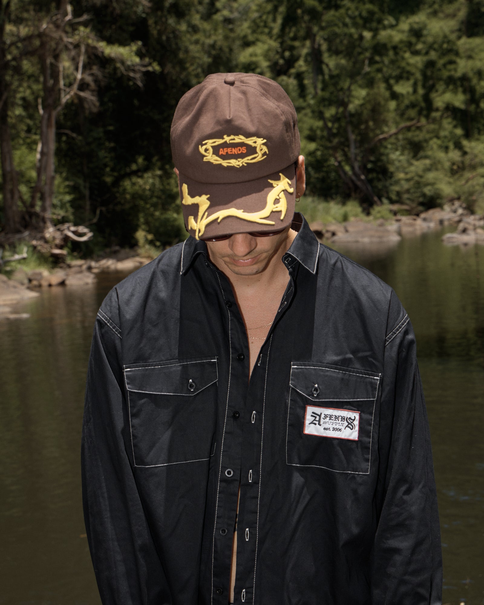 AFENDS Mens Rocked - Recycled Five Panel Cap - Coffee