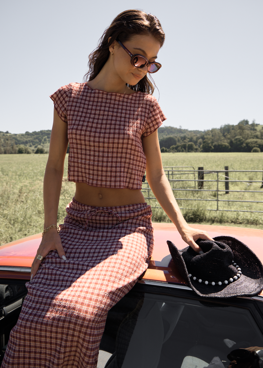 AFENDS Womens Capricorn - Seersucker Top - Burgundy / Beige Check