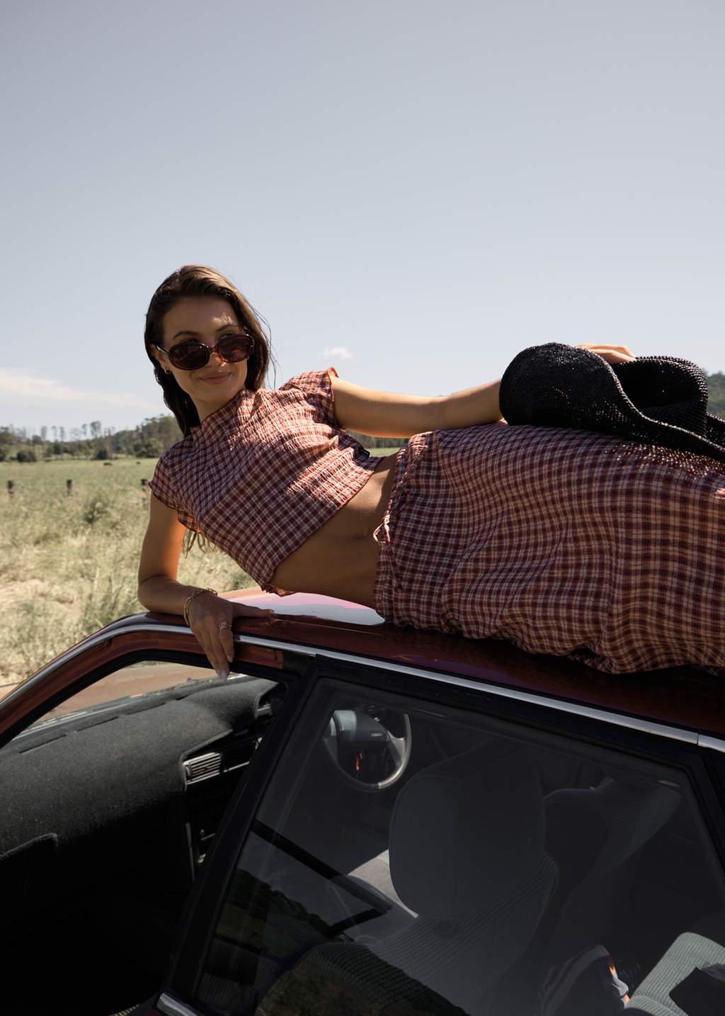 AFENDS Womens Capricorn - Seersucker Top - Burgundy / Beige Check