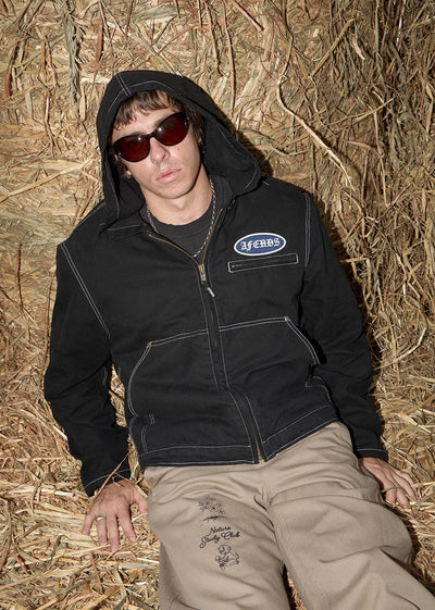 AFENDS Mens Supply - Workwear Hooded Jacket - Stone Black
