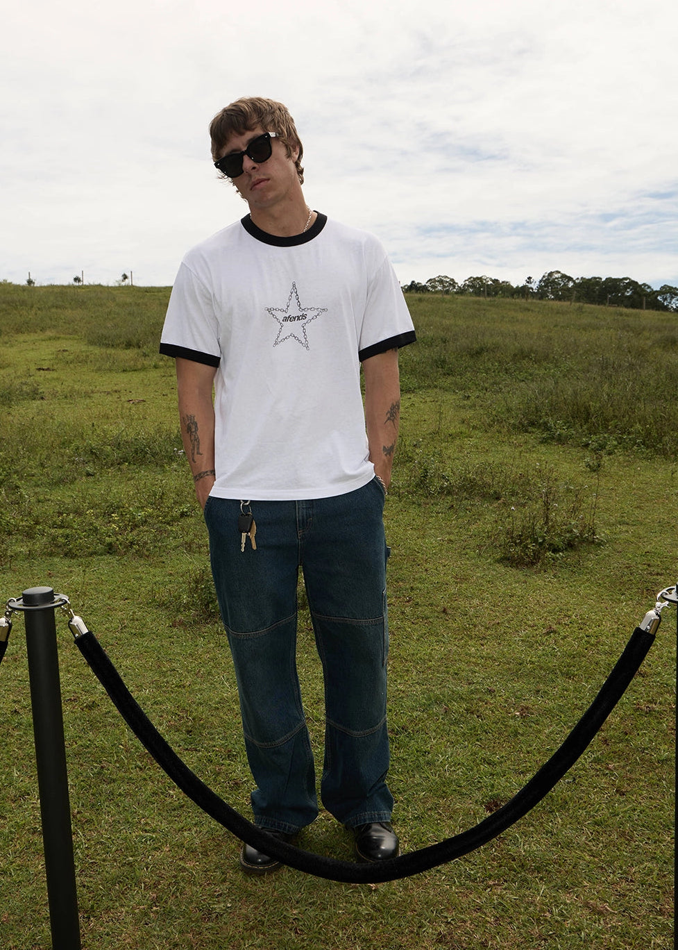 AFENDS Mens Chains - Boxy Ringer Tee - White