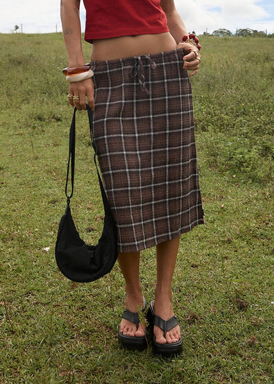 AFENDS Womens Reverie - Seersucker Midi Skirt - Coffee Check