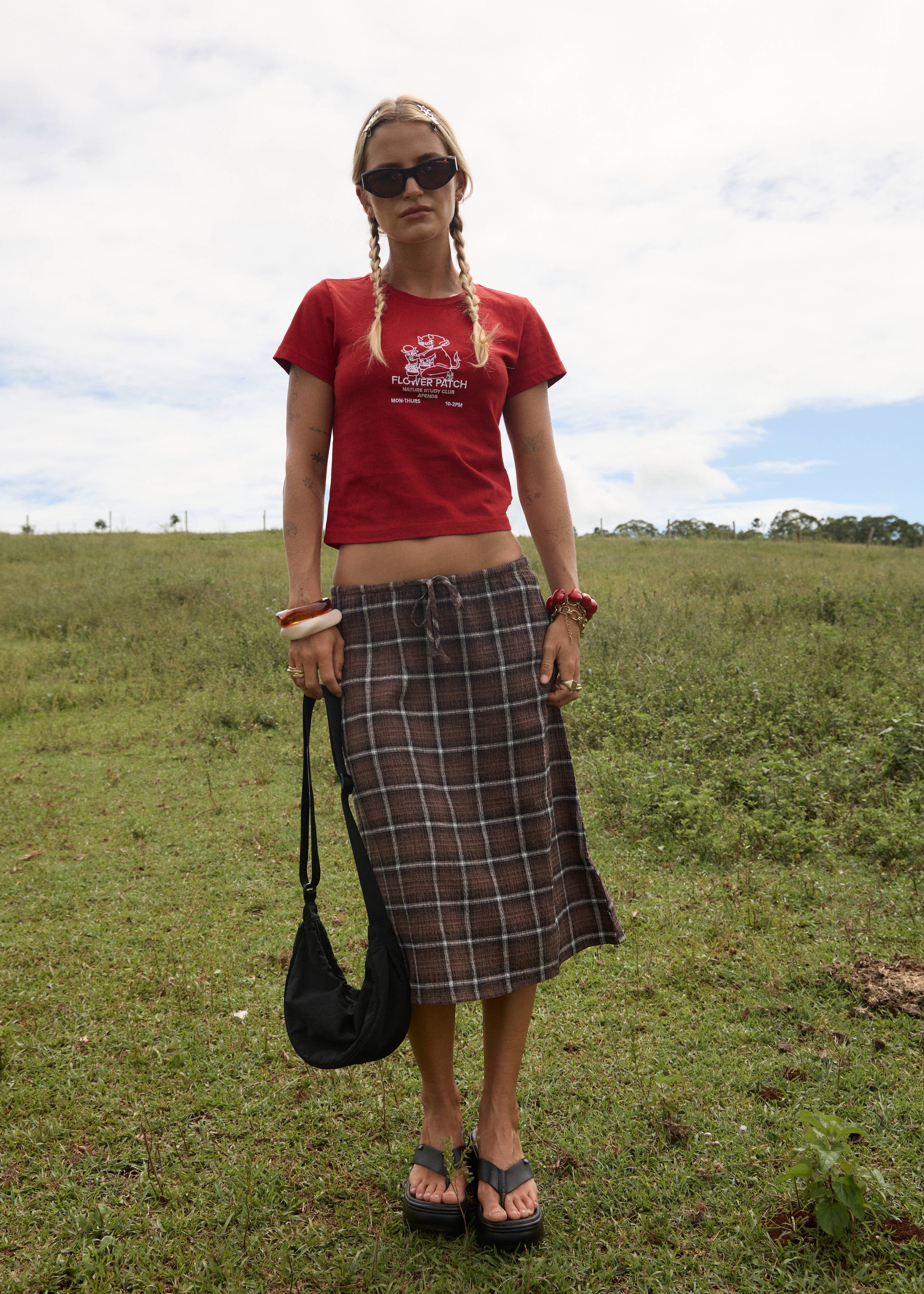 AFENDS Womens Reverie - Seersucker Midi Skirt - Coffee Check