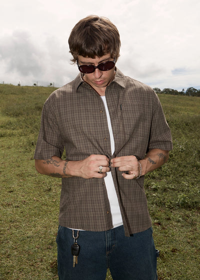 AFENDS Mens Shadow - Short Sleeve Shirt - Stone Check