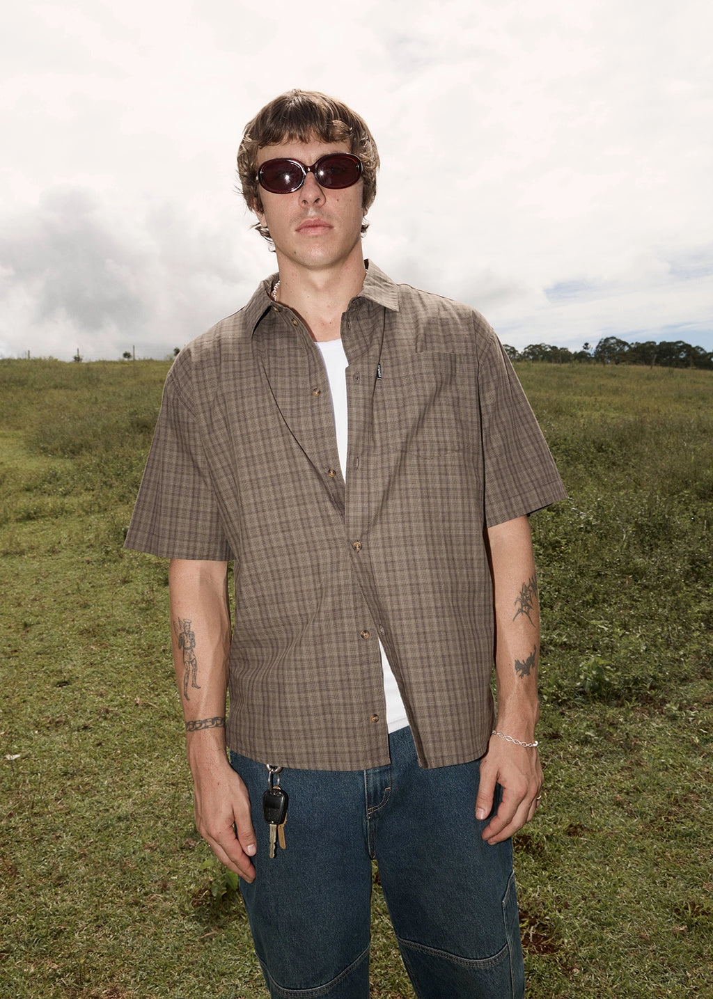 AFENDS Mens Shadow - Short Sleeve Shirt - Stone Check