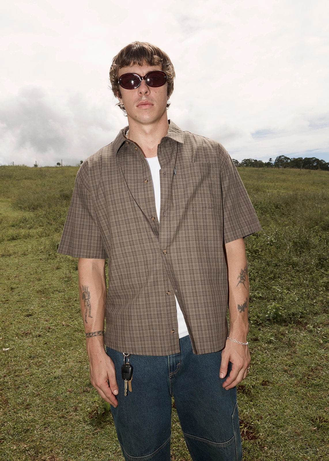 AFENDS Mens Shadow - Short Sleeve Shirt - Stone Check