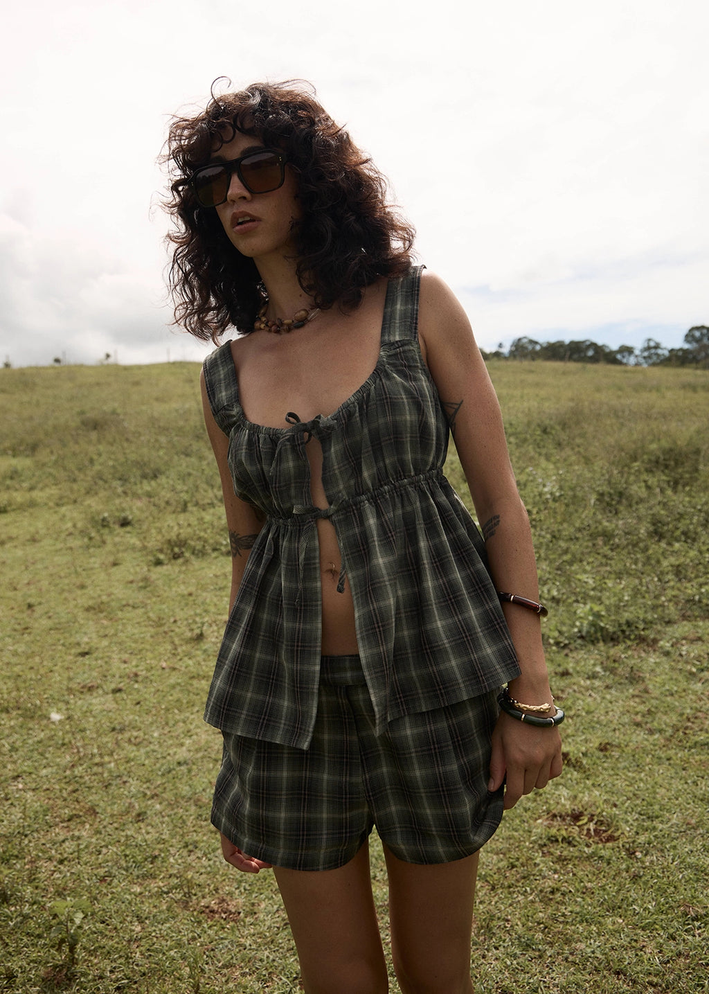 AFENDS Womens Jonah - Tie Top - Deep Olive Check