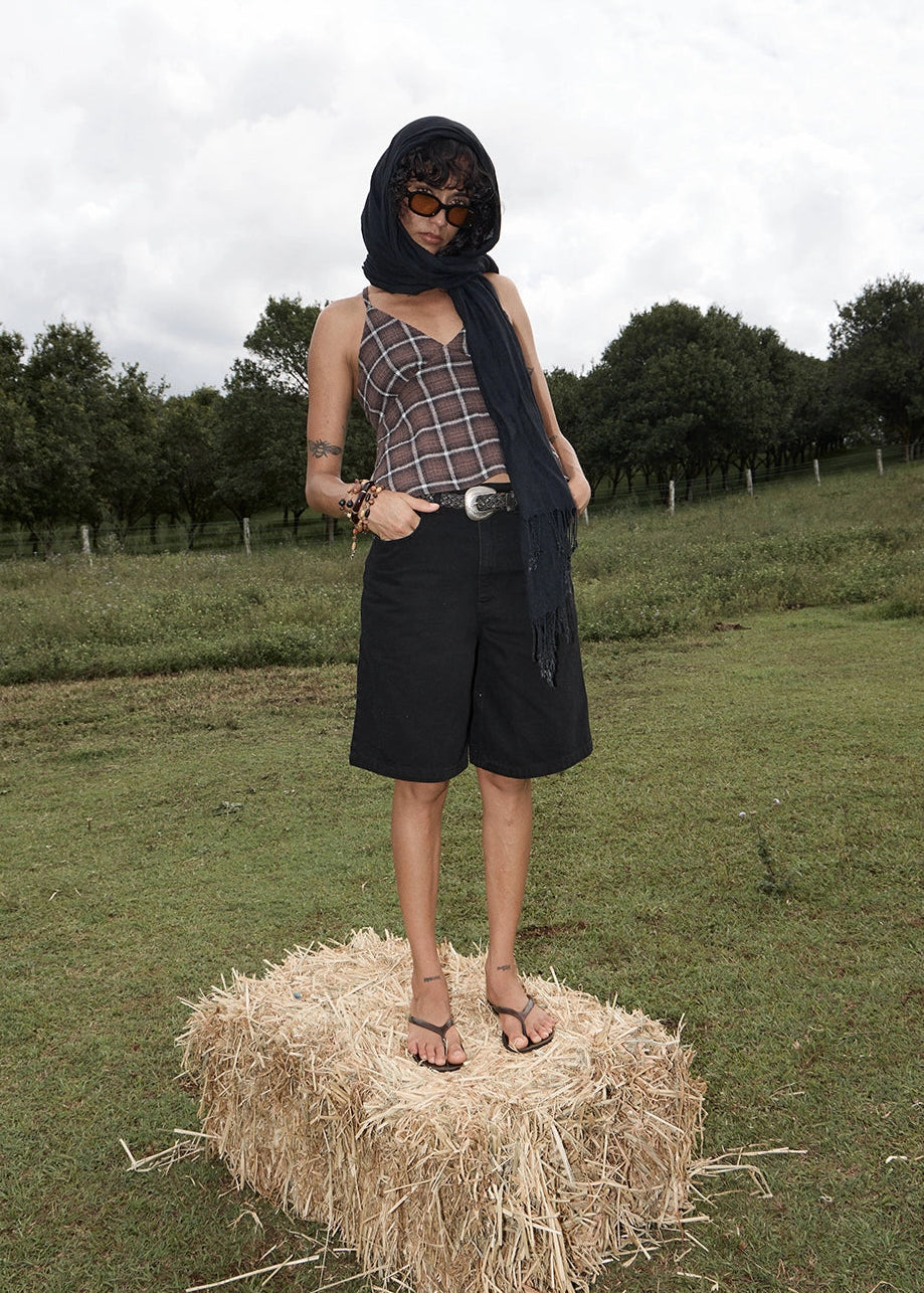 AFENDS Womens Reverie - Seersucker Strappy Top - Coffee Check