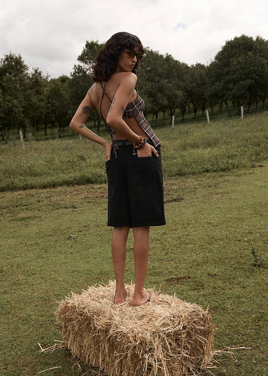 AFENDS Mens Lil C - Denim Baggy Short 22" - Washed Black