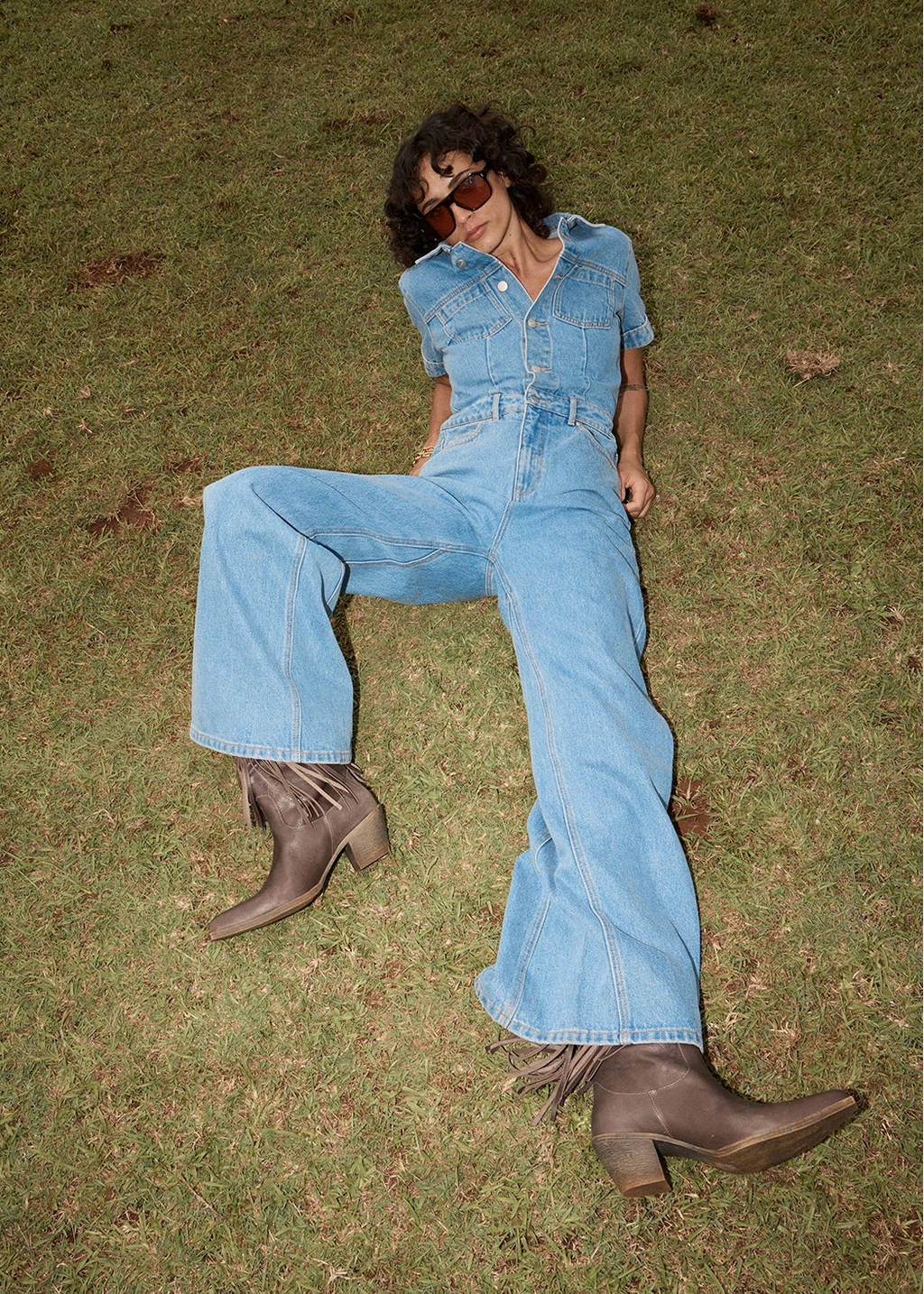 AFENDS Womens Miami - Denim Flared Leg Jumpsuit - Worn Blue