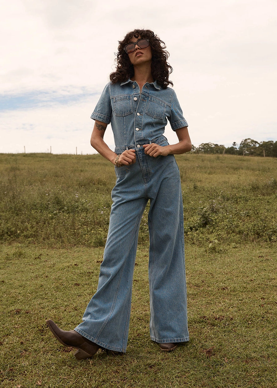 AFENDS Womens Miami - Denim Flared Leg Jumpsuit - Worn Blue