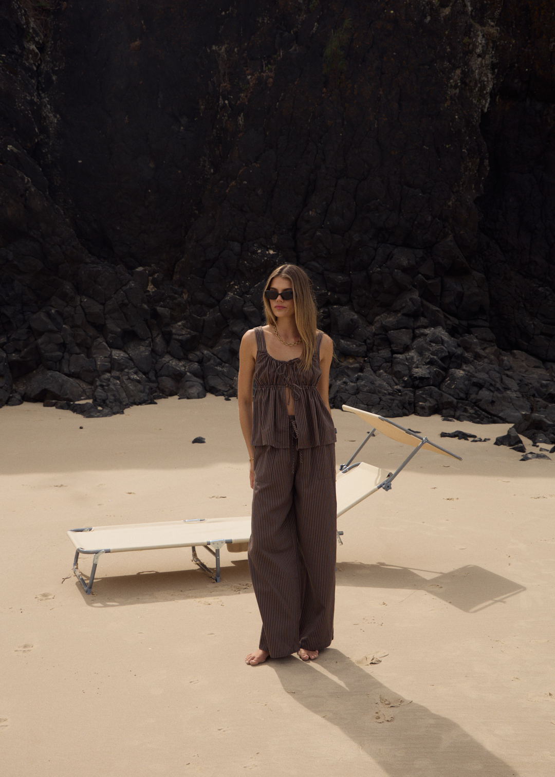 AFENDS Womens Cyrus - Wide Leg Pant - Coffee Stripe