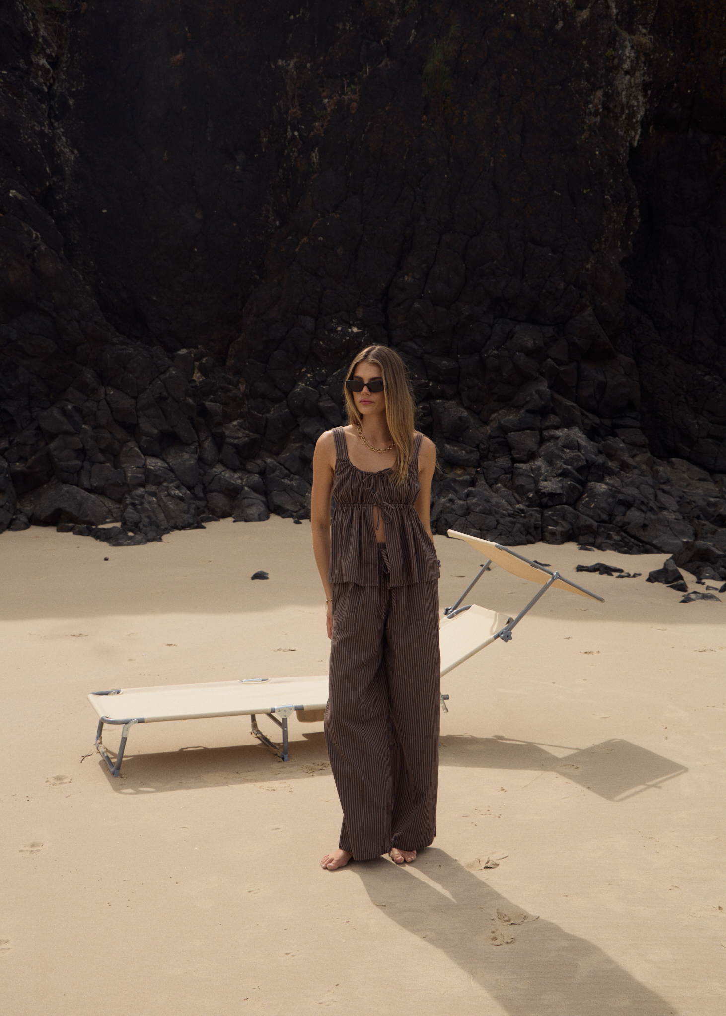 AFENDS Womens Cyrus - Wide Leg Pant - Coffee Stripe