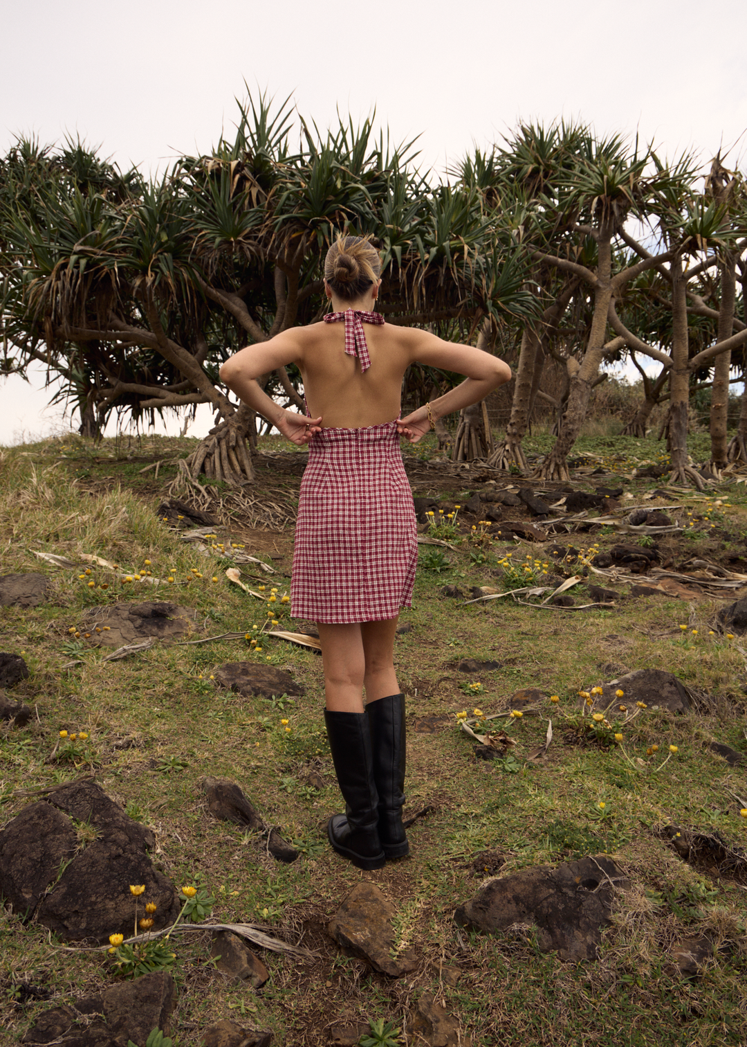 AFENDS Womens Base Montana - Seersucker Halter Mini Dress - Burgundy Check