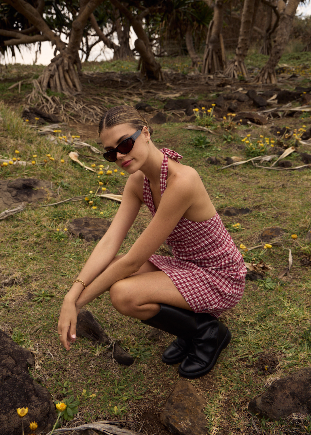 AFENDS Womens Base Montana - Seersucker Halter Mini Dress - Burgundy Check