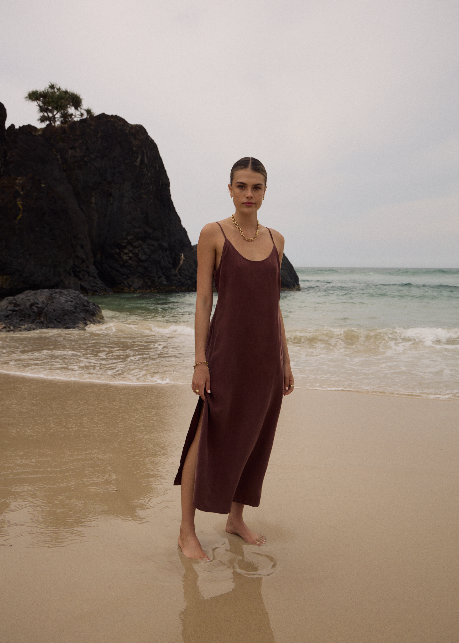 AFENDS Womens Valley - Cupro Midi Dress - Hazelnut