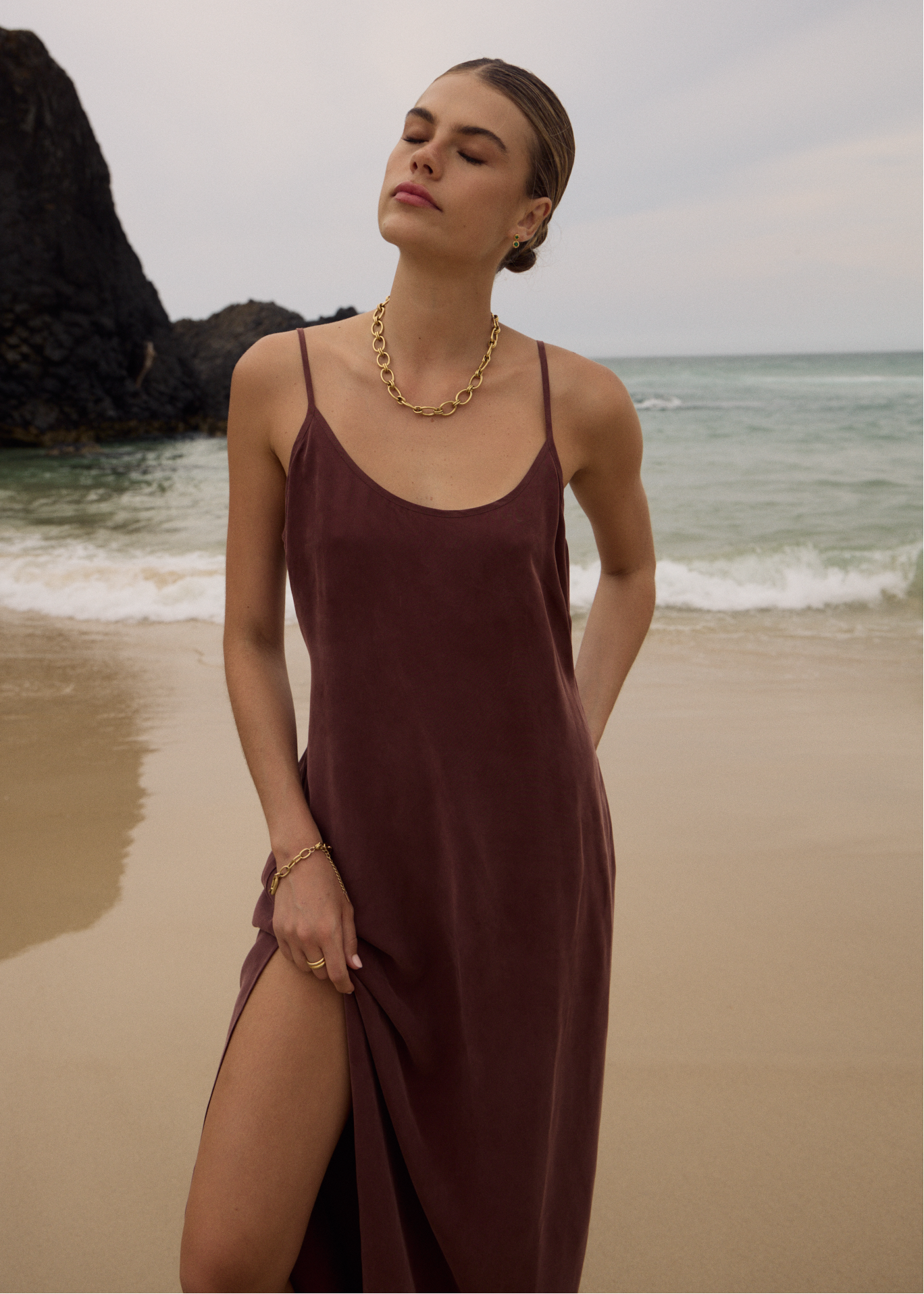 cupro midi dress Georgina Maxi Dress in Cupro Off White , Plunge Neckline