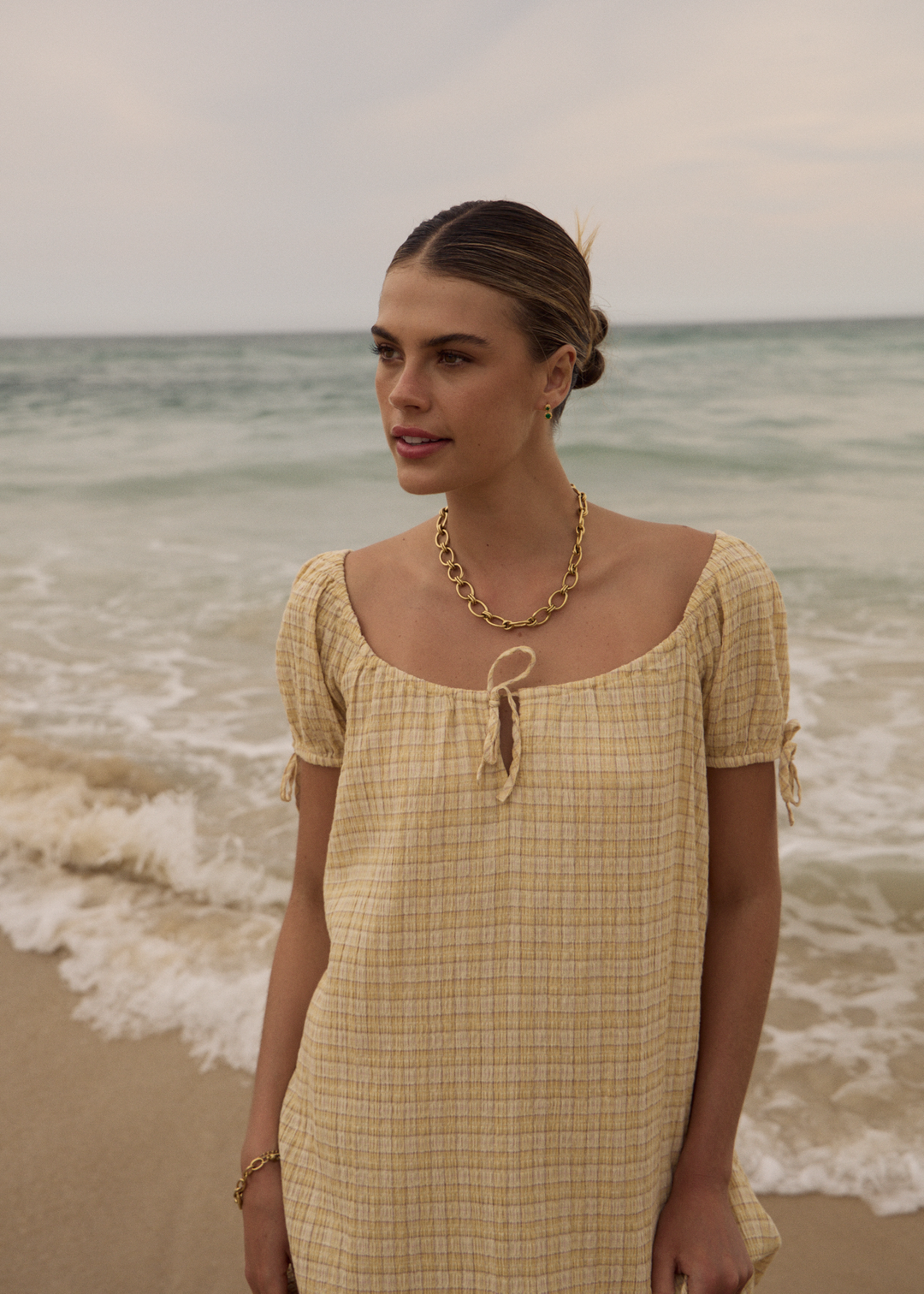 AFENDS Womens Sunday - Seersucker Mini Dress - Lemon Check