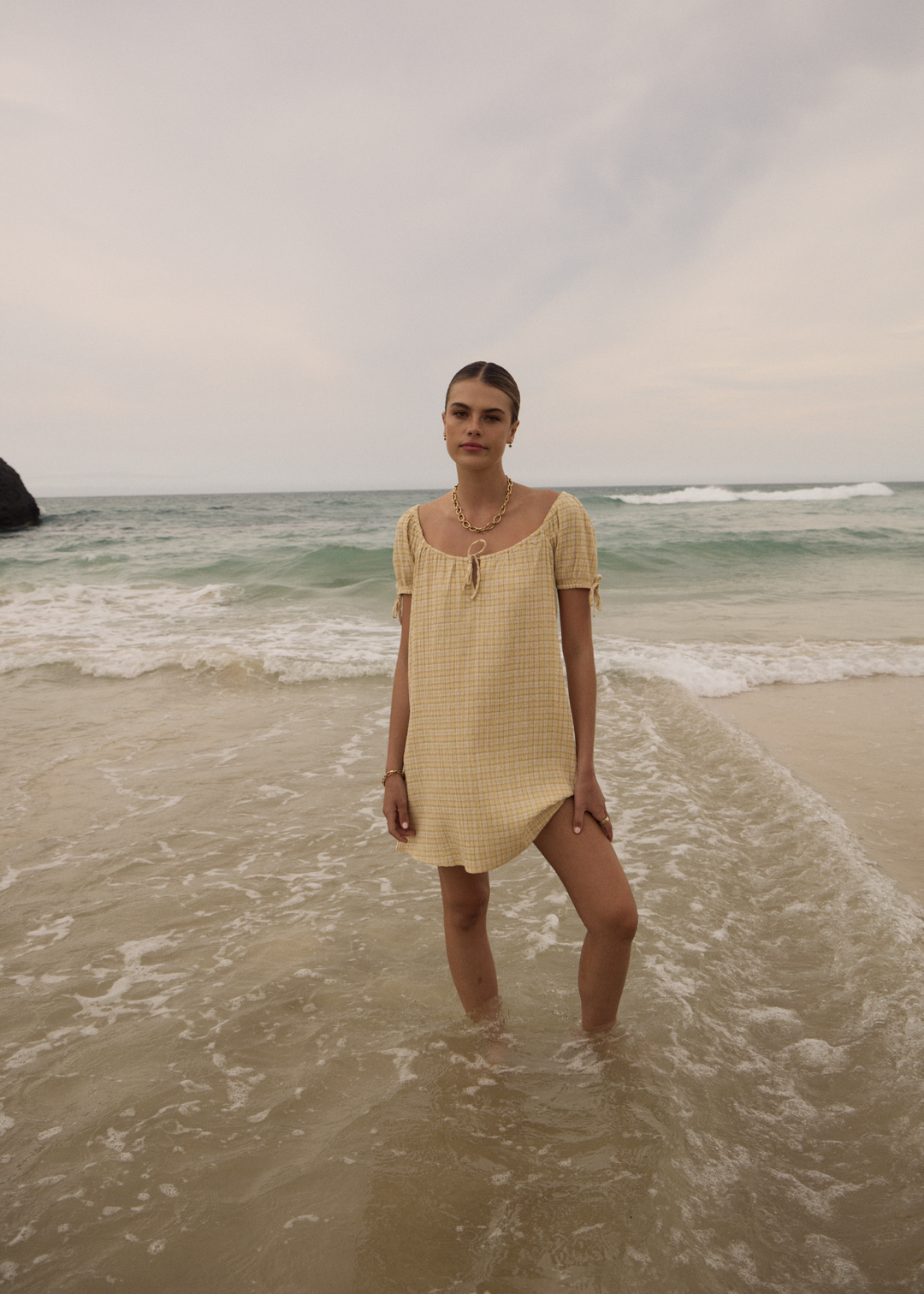 AFENDS Womens Sunday - Seersucker Mini Dress - Lemon Check