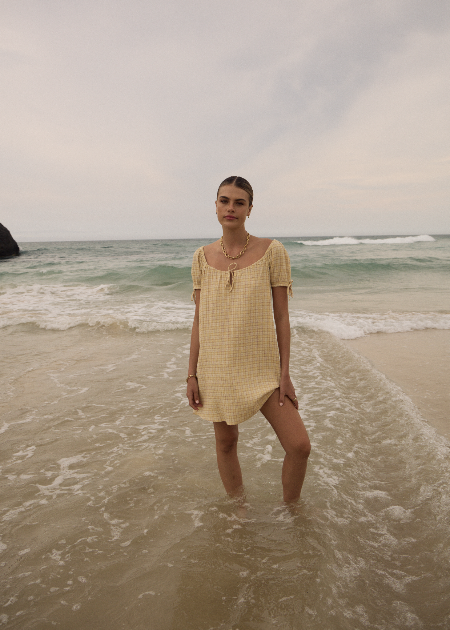 AFENDS Womens Sunday - Seersucker Mini Dress - Lemon Check