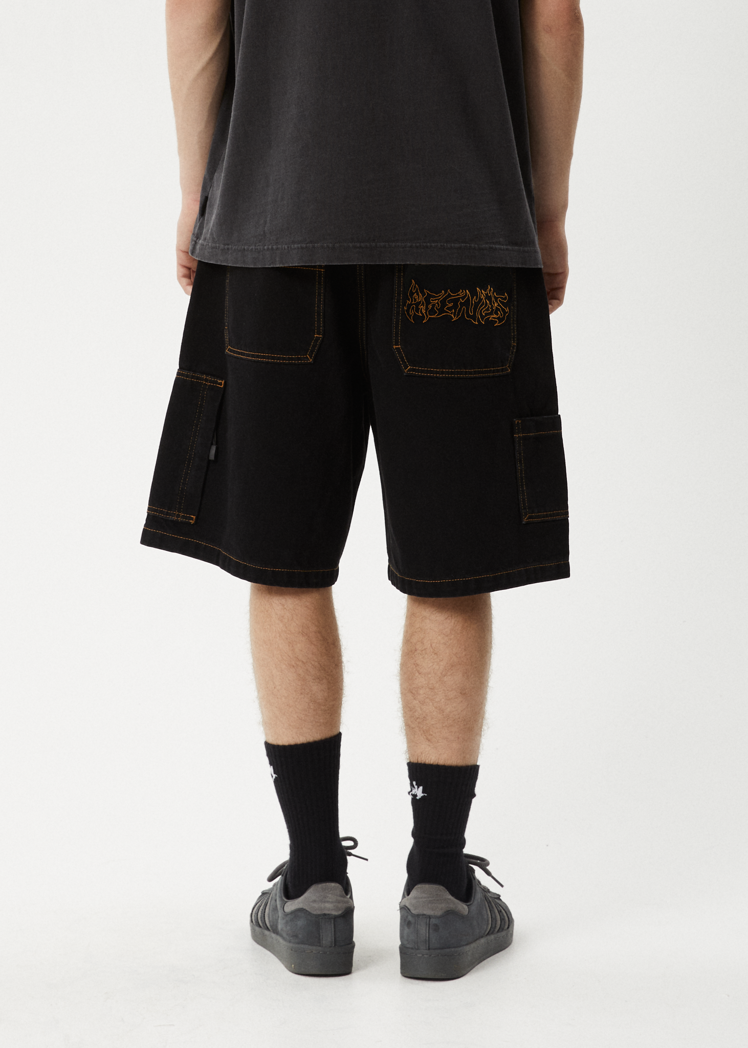 AFENDS Mens Scorched Harper - Denim Baggy Workwear Short 22" - Washed Black