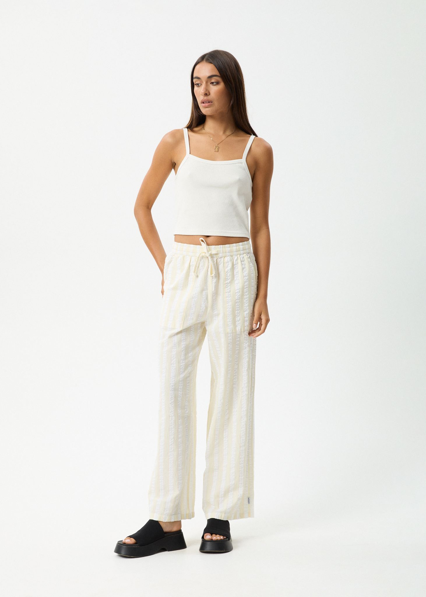 AFENDS Womens Splice - Seersucker Wide Leg Pant - White / Lemongrass
