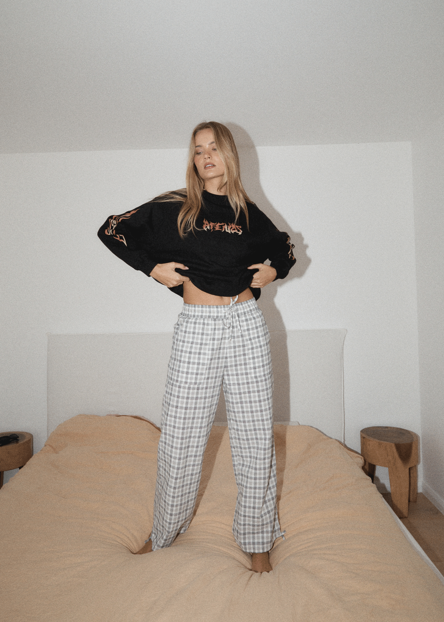 AFENDS Womens Leo - Seersucker Wide Leg Pant - Black / White