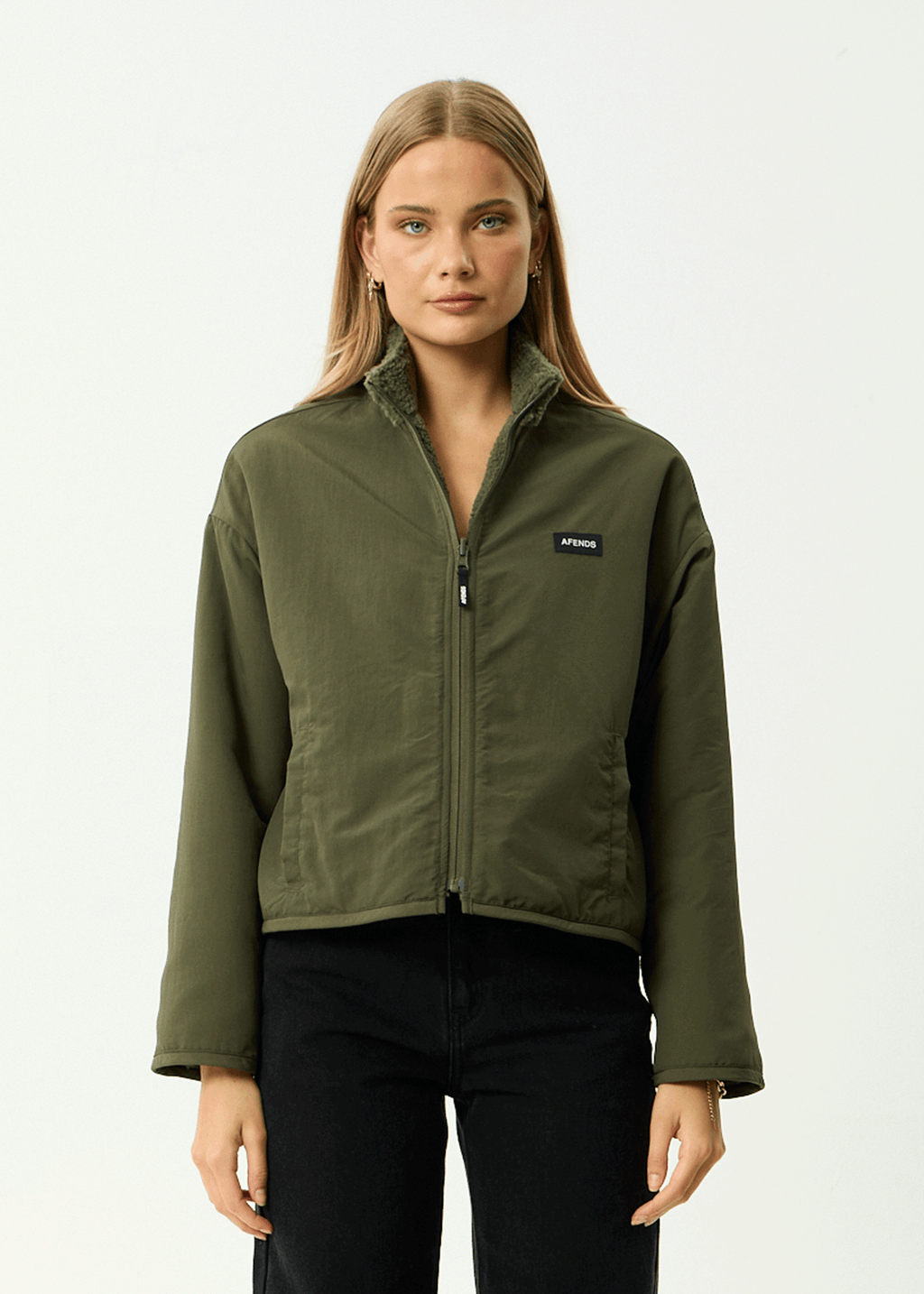 AFENDS Womens Berlin - Reversible Recycled Polar Fleece Jacket - Deep Olive