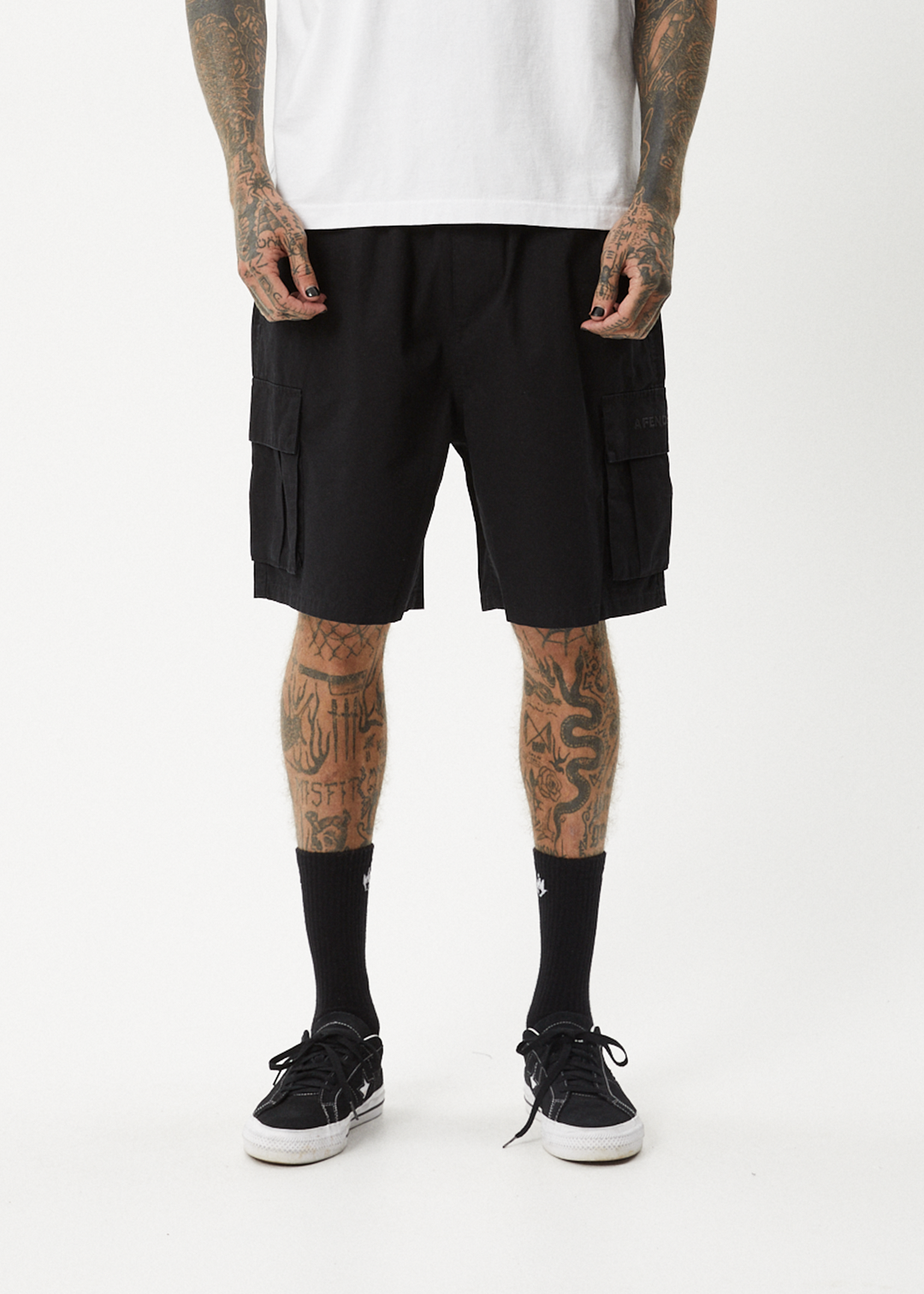 AFENDS Mens Ninety Eights Cargo - Oversized Cargo Short 20 Inch - Black 