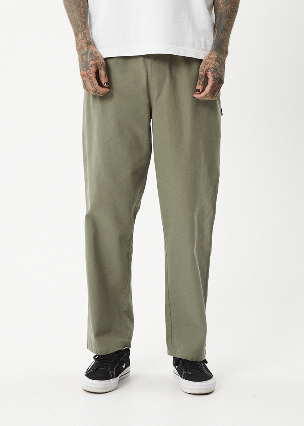 AFENDS Mens Ninety Eights - Baggy Elastic Waist Pant - Olive