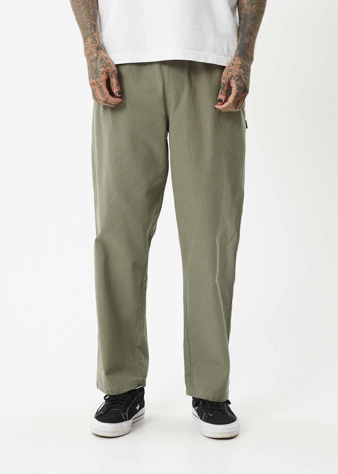 AFENDS Mens Ninety Eights - Baggy Elastic Waist Pants - Olive 