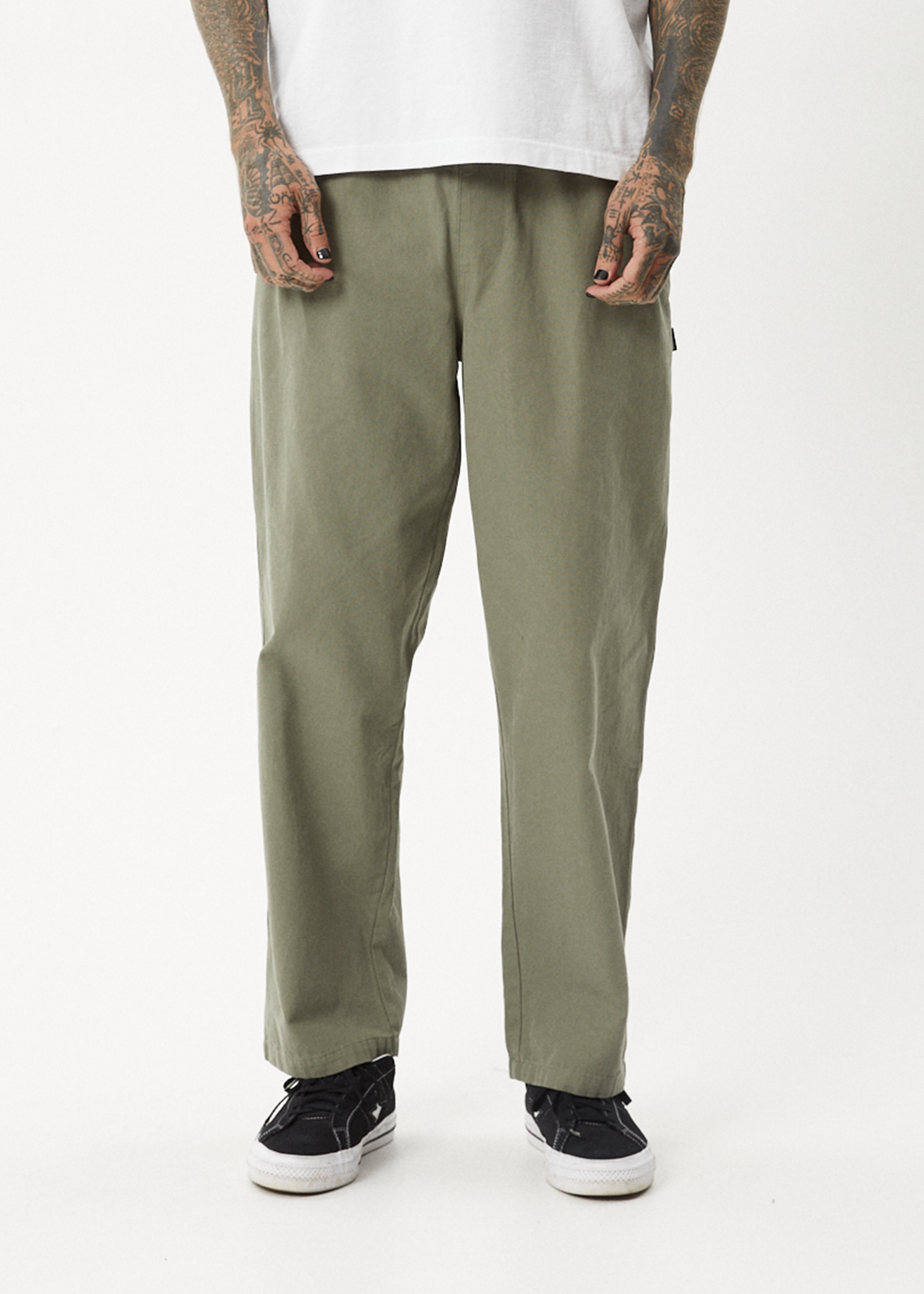AFENDS Mens Ninety Eights - Baggy Elastic Waist Pant - Olive