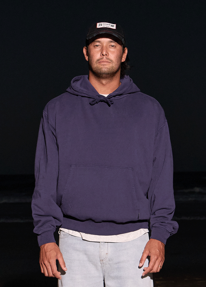 AFENDS Mens Genesis - Boxy Hoodie - Washed Deep Sea