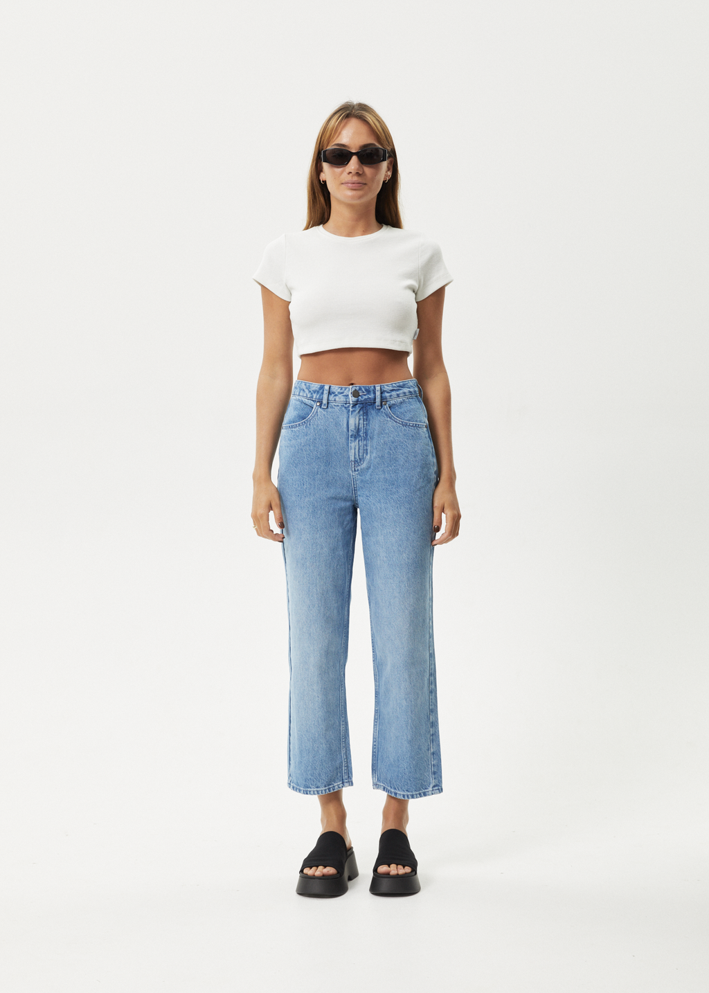 AFENDS Womens Shelby - Denim Cropped Straight Leg Jean - Worn Blue