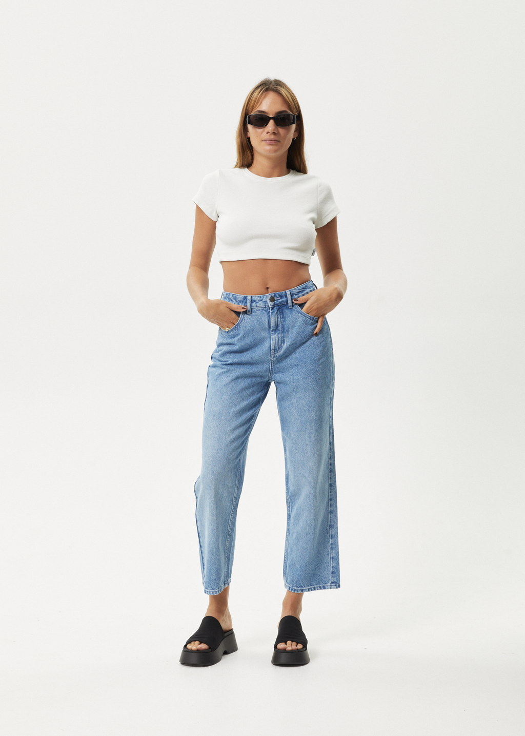 AFENDS Womens Shelby - Denim Cropped Straight Leg Jean - Worn Blue