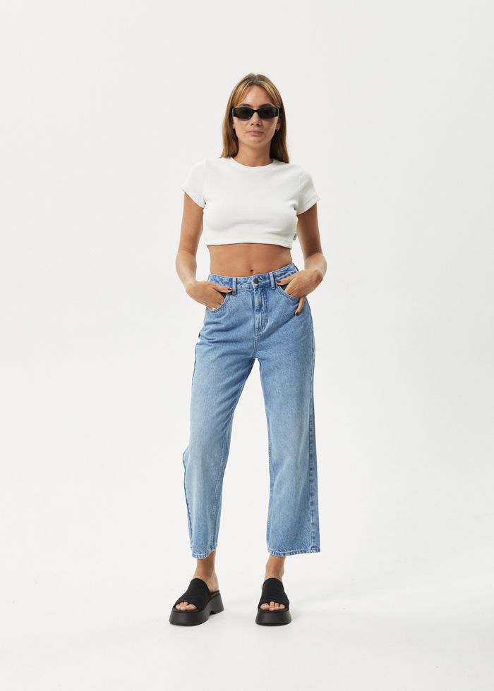 AFENDS Womens Shelby - Denim Cropped Straight Leg Jeans - Worn Blue 